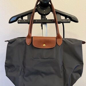 Longchamp Le Pliage Classic Large Gray Tote with Brown Leather Trim